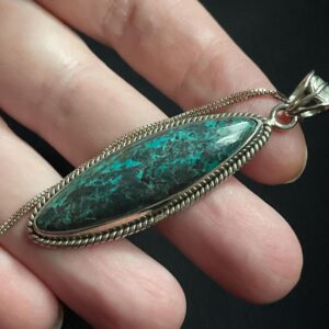 Natural Chrysocolla Marquis Necklace, Handmade with Solid Sterling Silver Setting and Chain, Beautiful Perfect Gift with Botanical Leaf Bail