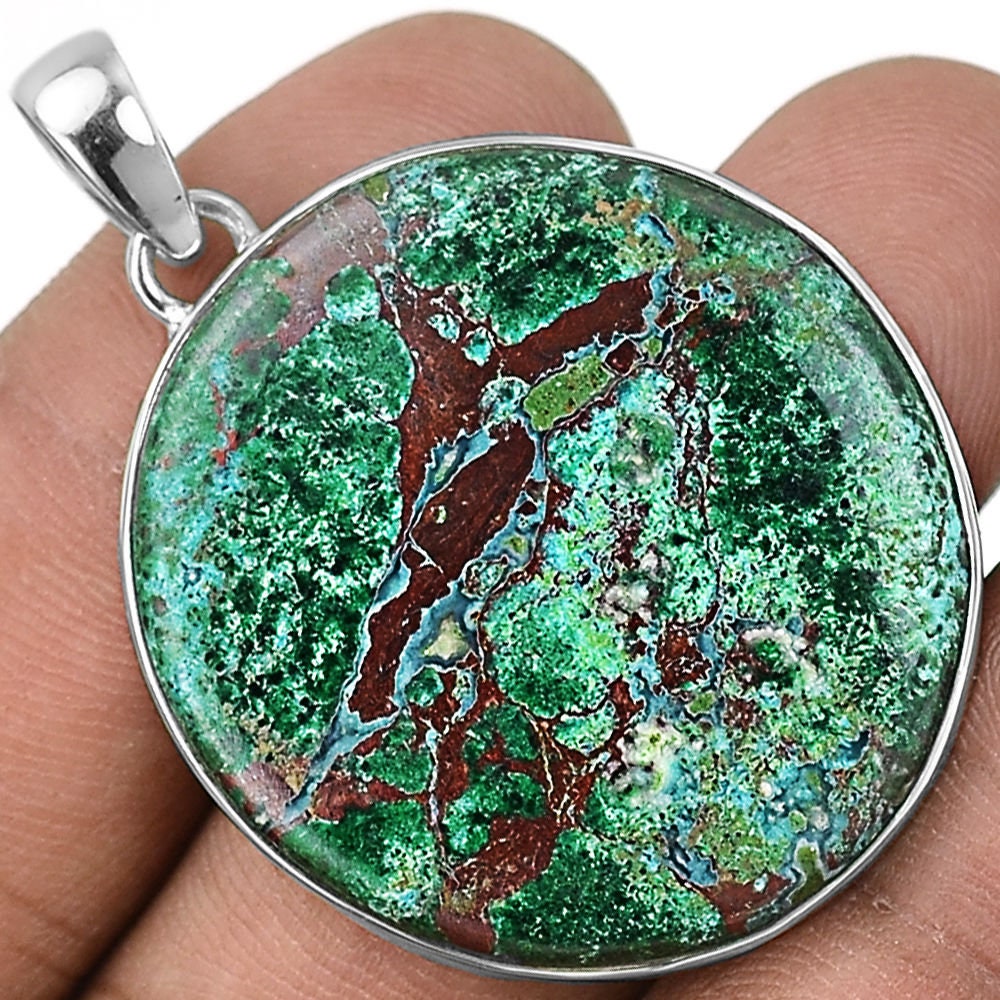 Sale, Chrysocolla Malachite Necklace, 925 Silver Pendant, Abstract Design