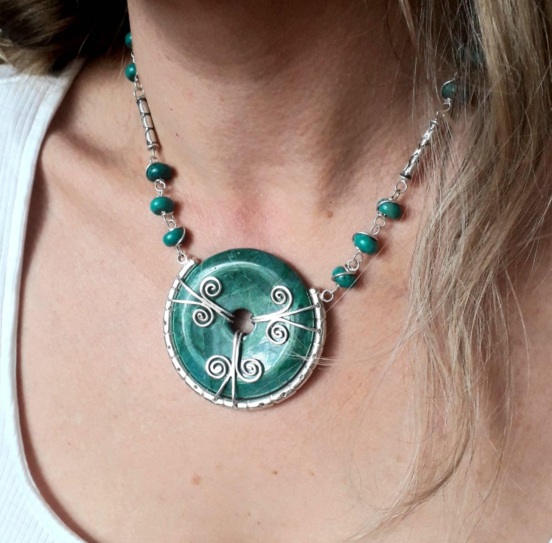 Statement Chrysocolla  Necklace, Handcrafted Sterling Silver Wrap, Unique One Of A Kind  Bohemian Necklace, Gift For Special Birthday