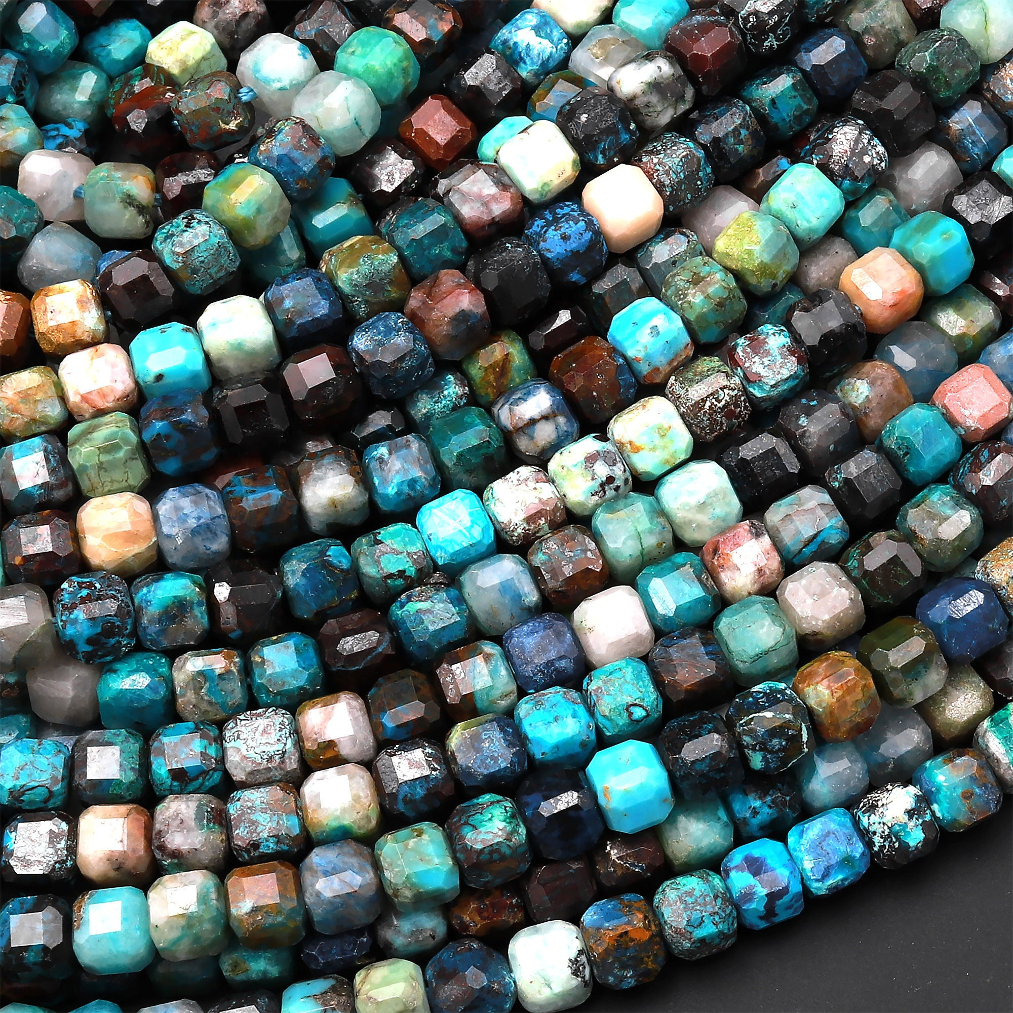 Aaa Natural Chrysocolla Faceted 4mm Cube Dice Square Beads Micro Faceted Laser Diamond Cut 15.5" Strand Aaa Natural Chrysocolla Faceted 4mm Cube Dice Square Beads Micro Faceted Laser Diamond Cut 15.5" Strand