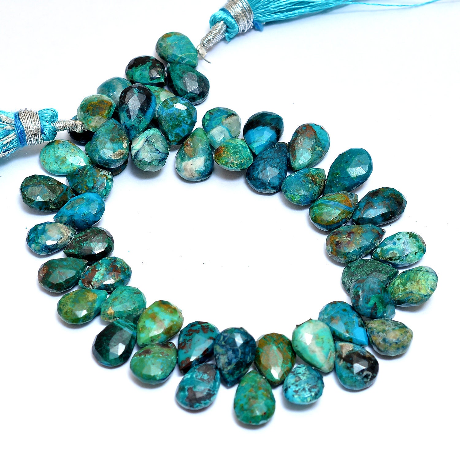 Chrysocolla Gemstone 7x10mm Pear Briolette Faceted Beads, Natural Chrysocolla Semi Precious Gemstone Loose Briolette For Jewelry, 8" Strand