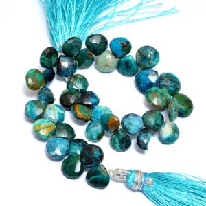 Chrysocolla Gemstone 8mm-9mm Heart Briolette Faceted Beads | Natural Chrysocolla Semi Precious Gemstone Briolette For Jewelry | 8inch Strand