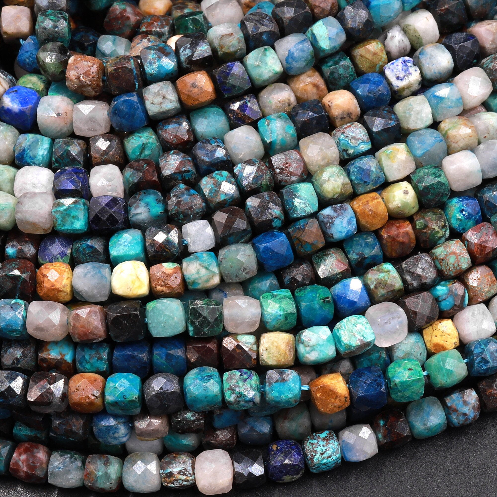 Natural Arizona Chrysocolla Faceted 4mm Cube Dice Square Beads Micro Laser Diamond Cut 15.5" Strand Natural Arizona Chrysocolla Faceted 4mm Cube Dice Square Beads Micro Laser Diamond Cut 15.5" Strand