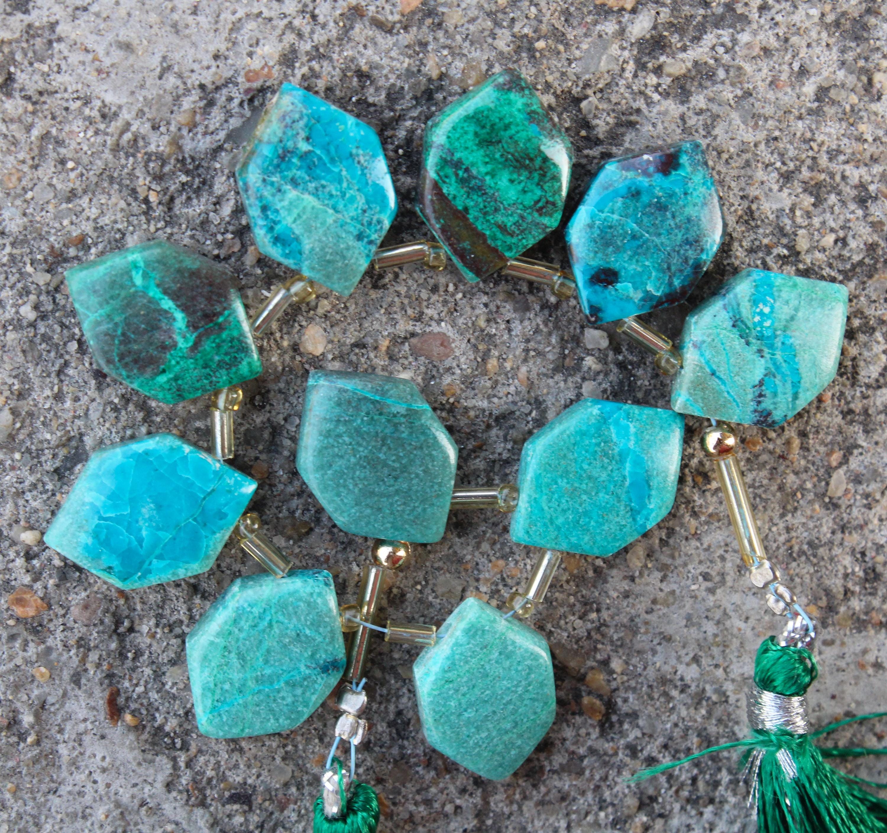 Natural Chrysocolla Gemstone Faceted Briolettes Beads | Hexagon-shaped | 10 Pieces Matched Pairs | Size—12x18 Mm [b058]
