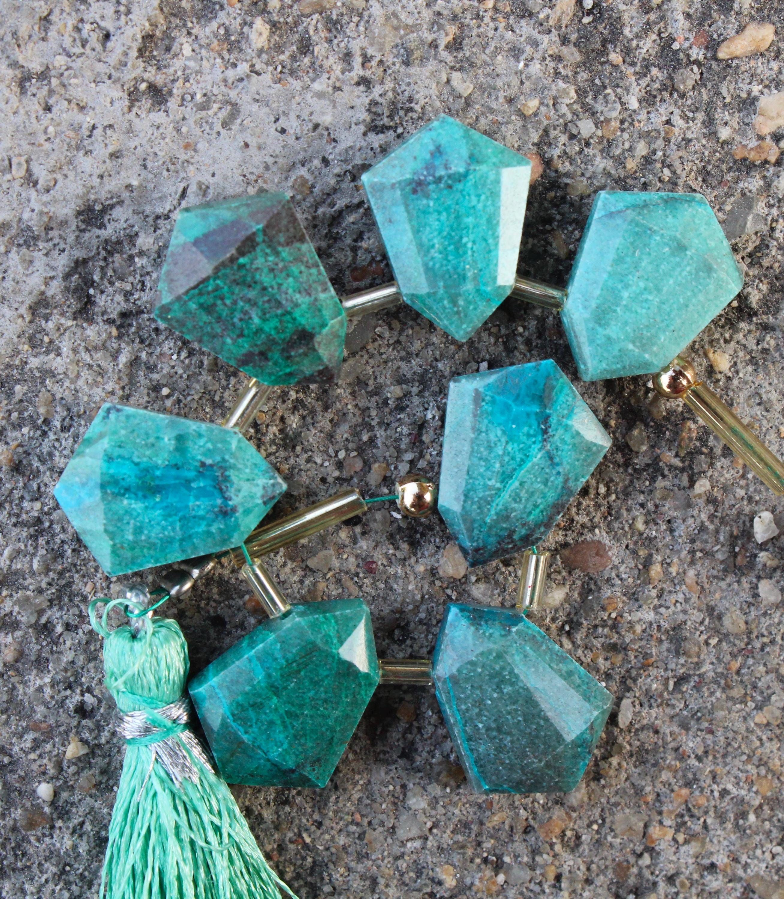 Natural Chrysocolla Gemstone Faceted Briolette Beads | 7 Pieces Hexagon-shaped Size—12x16 Mm [b056]