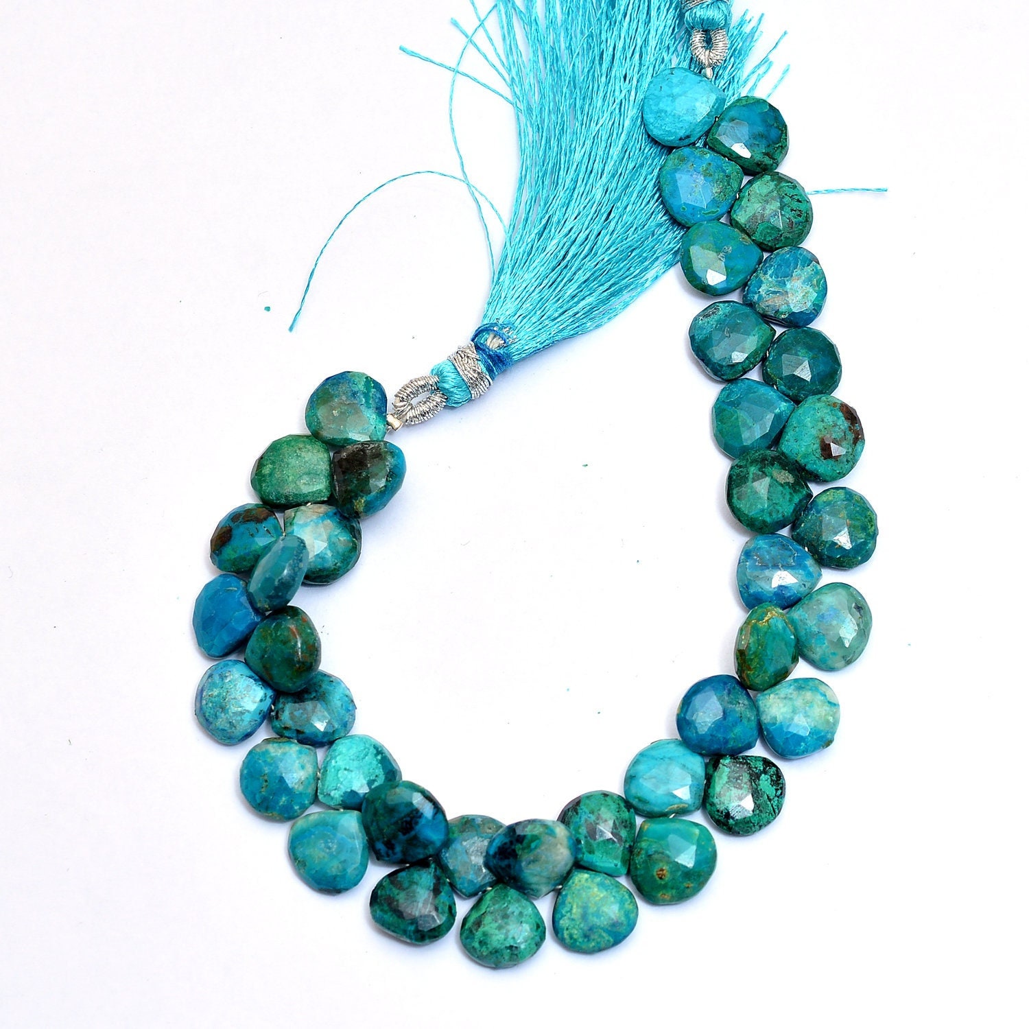 Natural Chrysocolla Gemstone 10mm Heart Briolette Faceted Beads | Aaa+ Chrysocolla Semi Precious Gemstone Briolette For Jewelry | 8" Strand