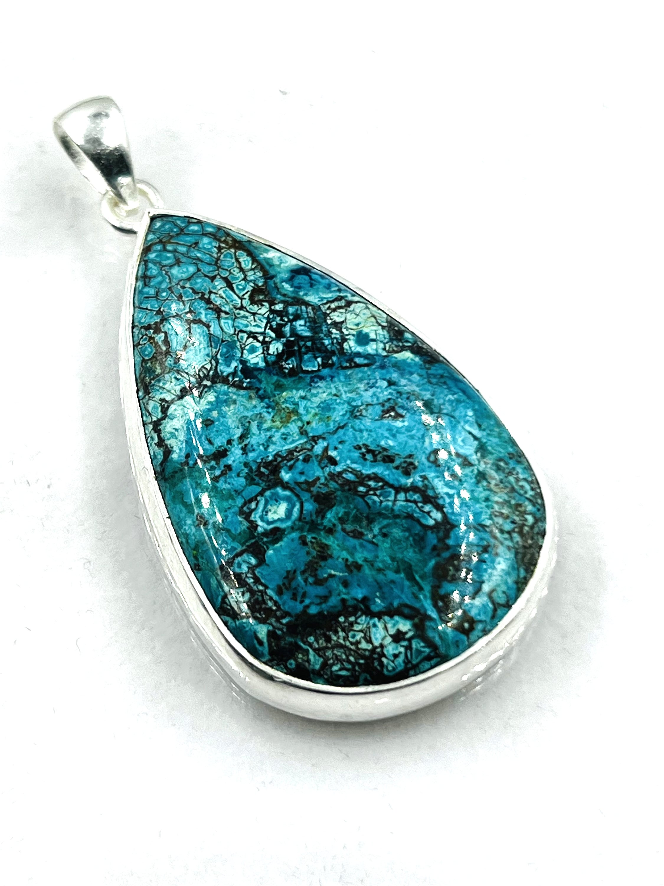 92.5 Sterling Silver Blue Chrysocolla Pendant , Natural Gemstone 27x44mm , 15g Direct From Factory