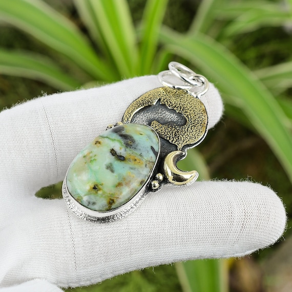 Chrysocolla Pendant: 925 Sterling Silver, 18k Gold Plated, Handmade Jewelry