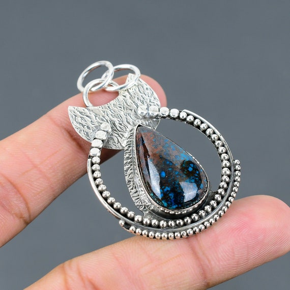 African Chrysocolla Pendant: Handmade 925 Sterling Silver Boho Jewelry