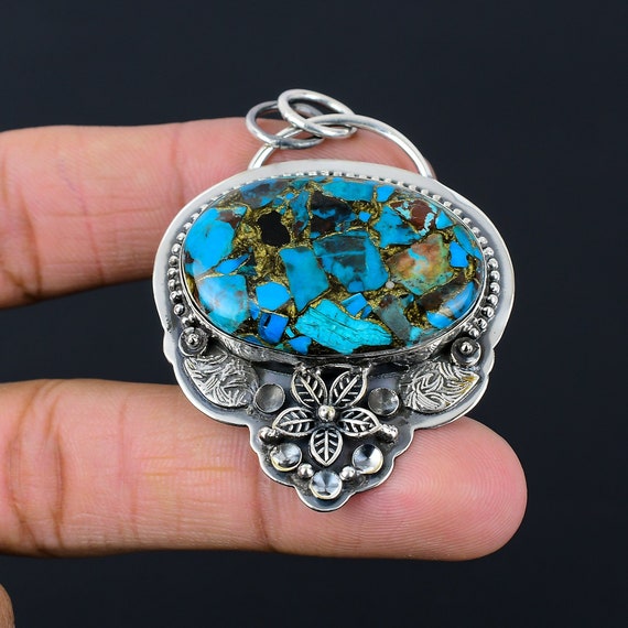 Chrysocolla Flower Pendant: Handmade 925 Sterling Silver Gemstone Jewelry