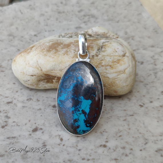 Chrysocolla Gemstone Necklace: Handmade 925 Sterling Silver Boho Pendant