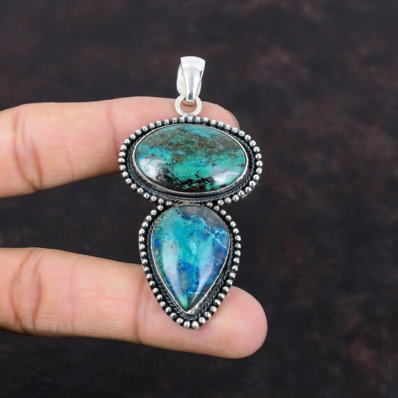 Handmade Chrysocolla 925 Sterling Silver Pendant: Vintage Gemstone Jewelry