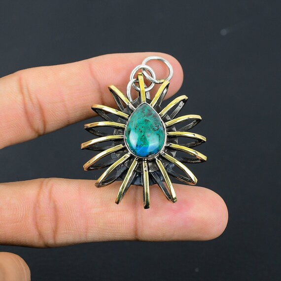 Handmade Chrysocolla Pendant: 925 Sterling Silver 18k Gold Plated Cage Pendant