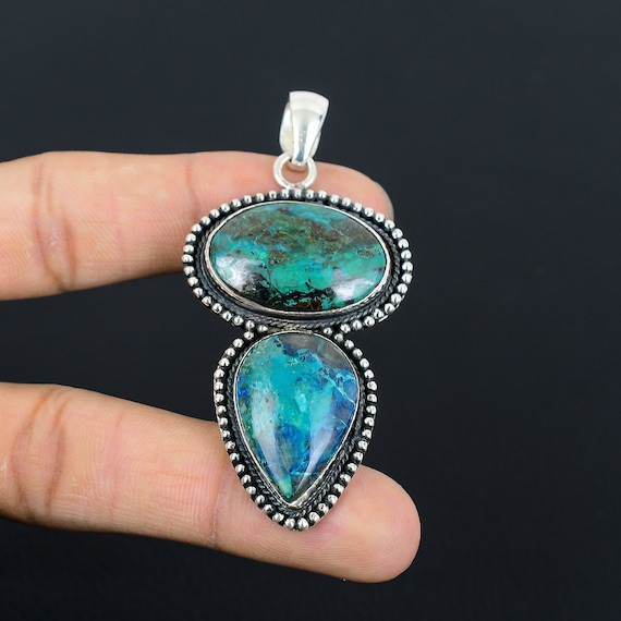 Chrysocolla Pendant: Handmade 925 Sterling Silver Vintage Jewelry