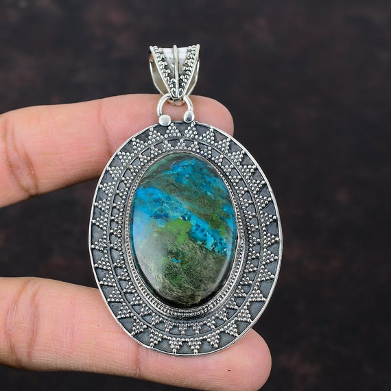 Chrysocolla Pendant: Handmade 925 Sterling Silver Statement Jewelry