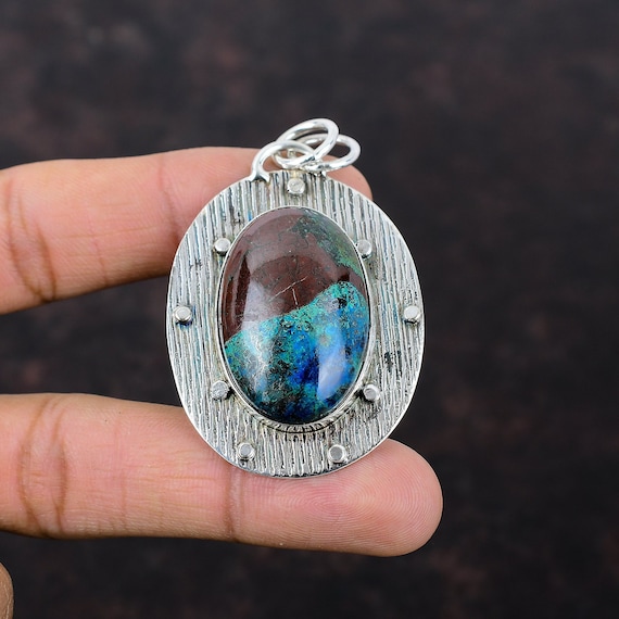Handmade Chrysocolla Pendant: 925 Sterling Silver Boho Jewelry