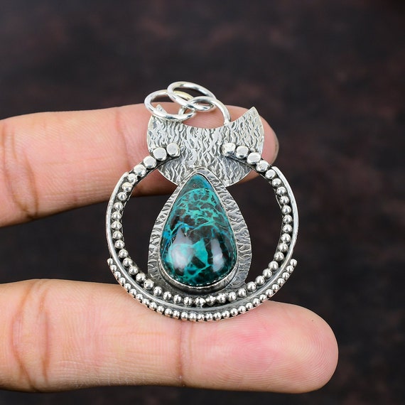Handmade African Chrysocolla Pendant: 925 Sterling Silver Pear Gemstone