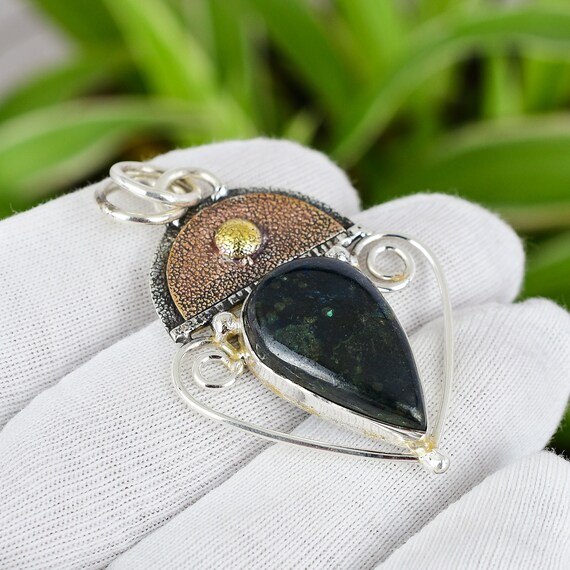 Handmade African Chrysocolla Pendant: 925 Sterling Silver, 18k Gold Plated