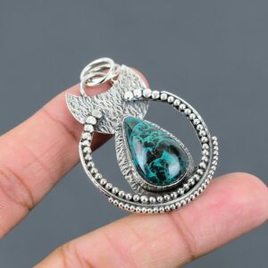 Handmade African Chrysocolla Pear Pendant: 925 Sterling Silver Healing Stone
