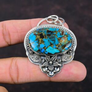 Handmade Copper Chrysocolla Flower Pendant: 925 Sterling Silver Gemstone Jewelry