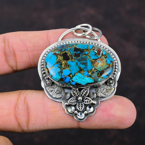 Handmade Copper Chrysocolla Flower Pendant: 925 Sterling Silver Gemstone Jewelry