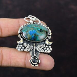 Handmade Chrysocolla Gemstone Pendant: Sterling Silver Dragonfly Jewelry