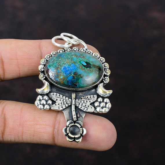 Handmade Chrysocolla Gemstone Pendant: Sterling Silver Dragonfly Jewelry