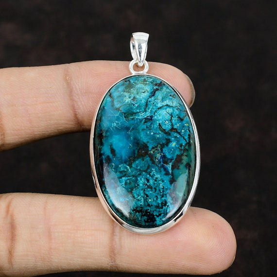 Handmade Chrysocolla Pendant: Oval Gemstone, 925 Sterling Silver