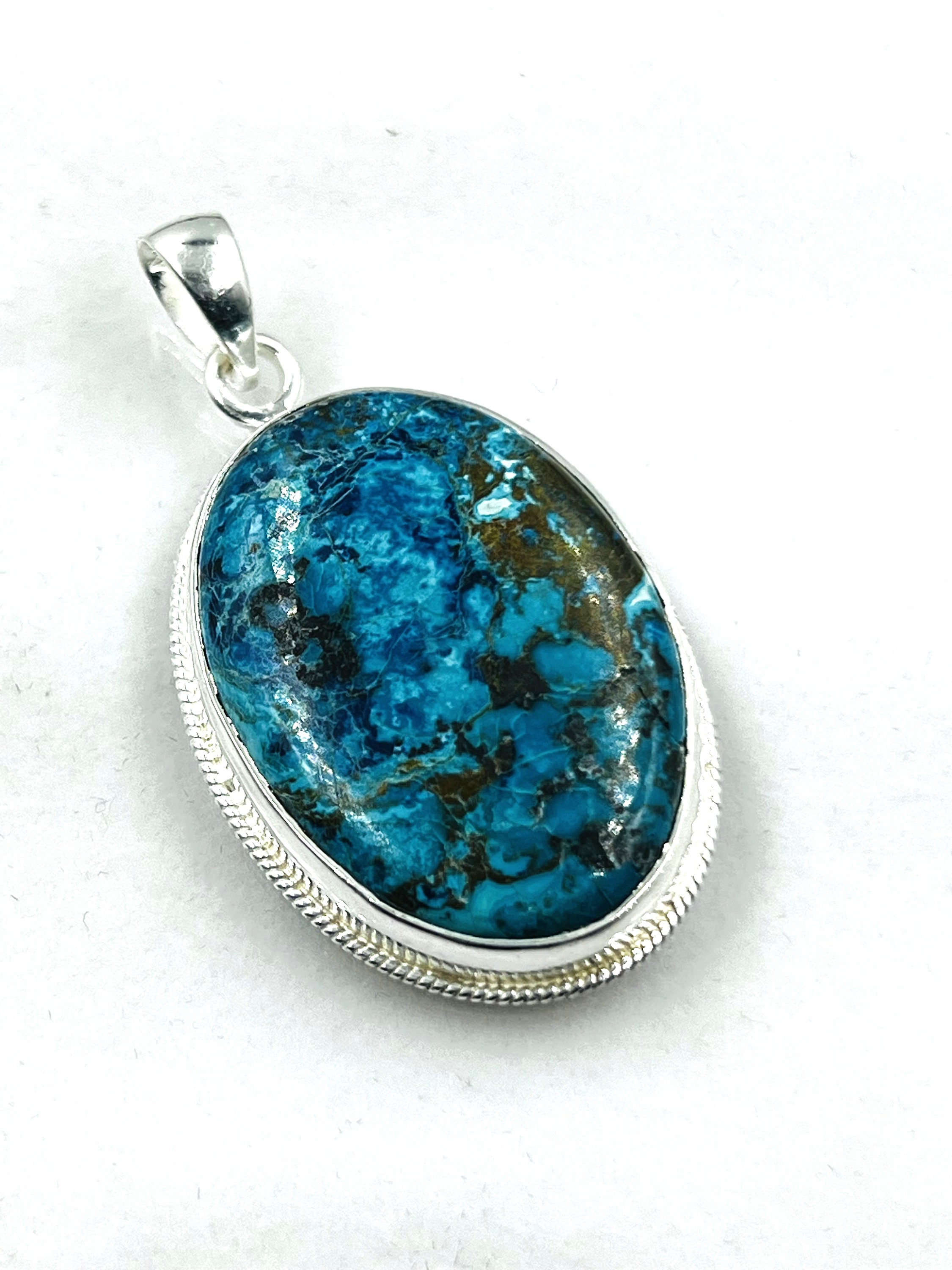 Handmade Sterling Silver Blue Chrysocolla Pendant: Natural Gemstone Jewelry (24x34mm)