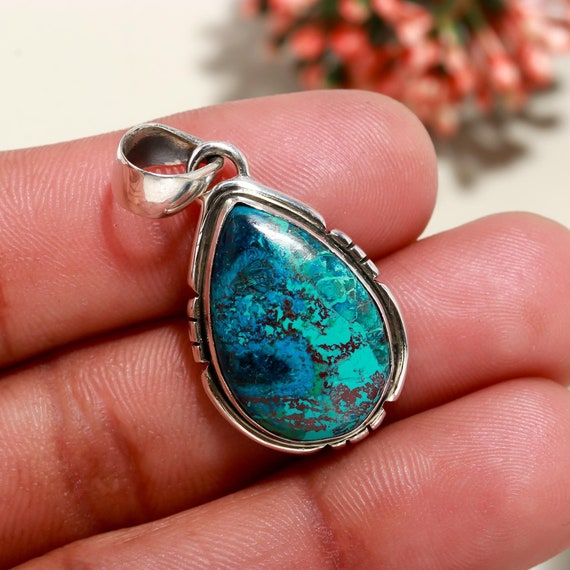 Pear Chrysocolla 925 Sterling Silver Pendant, Handmade Boho Style