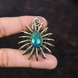 Chrysocolla Pear Pendant: Handmade 925 Sterling Silver, 18k Gold Plated Cage Jewelry