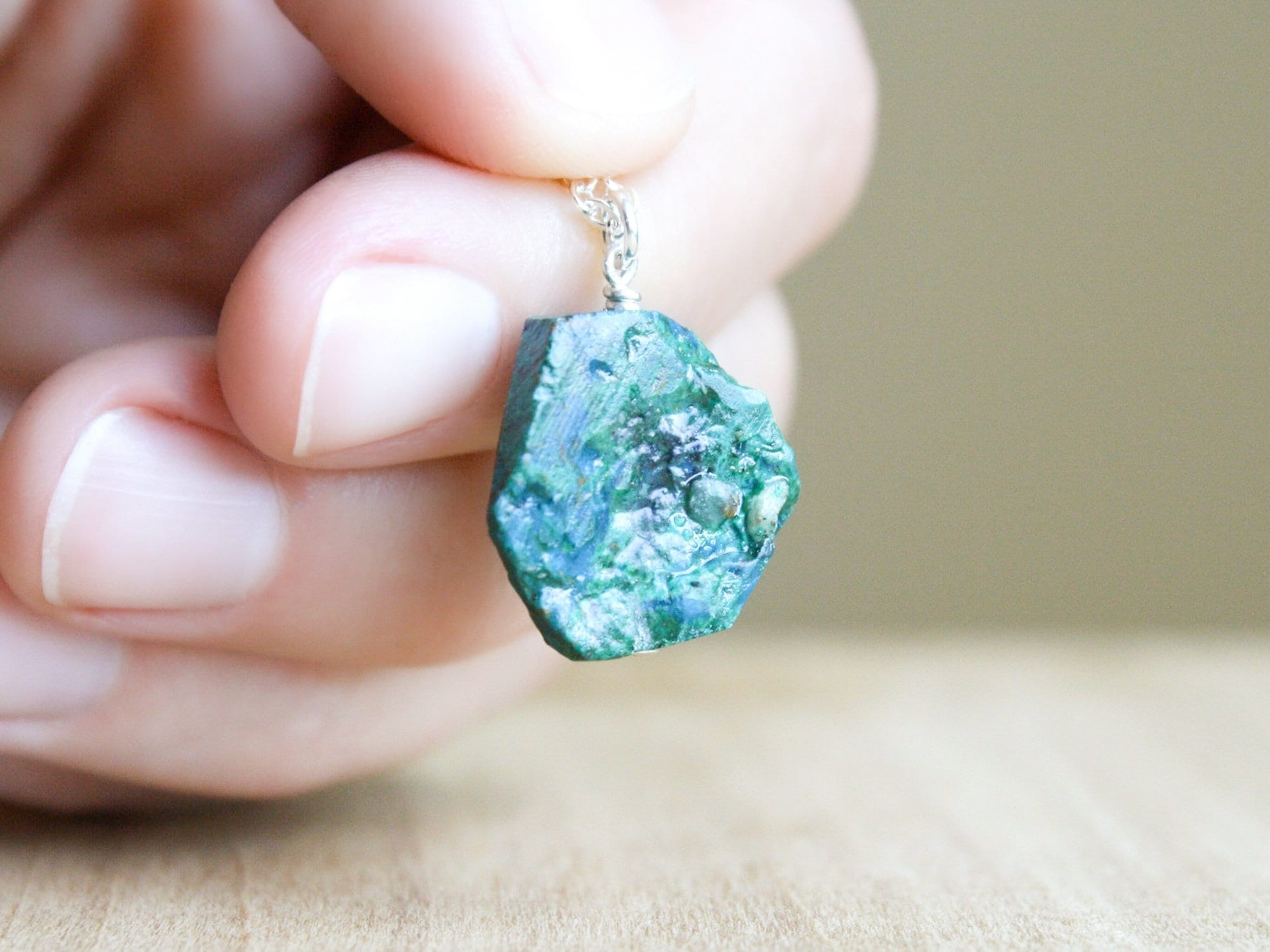Raw Chrysocolla Crystal Necklace: Sterling Silver Gemstone Pendant