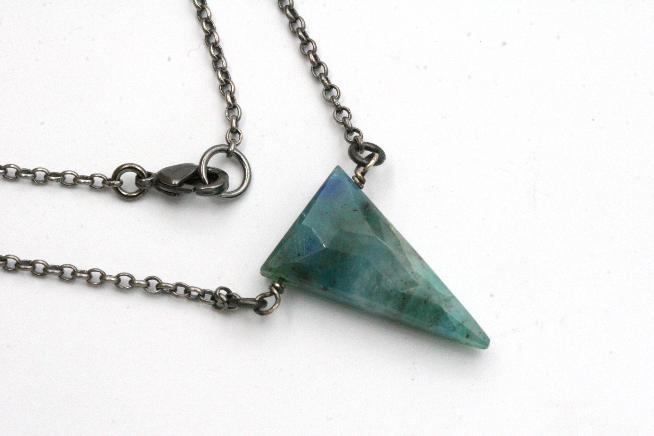 Chrysocolla Triangle Necklace, Point Pendant, Oxidized Sterling Silver Chain