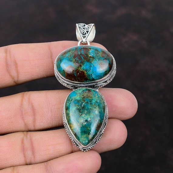 Vintage Chrysocolla Pendant: Handmade 925 Sterling Silver Ethnic Jewelry
