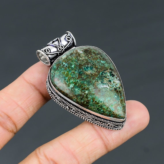 Chrysocolla Pendant: Vintage Pear Gemstone, 925 Sterling Silver Chrysocolla Pendant: Vintage Pear Gemstone, 925 Sterling Silver