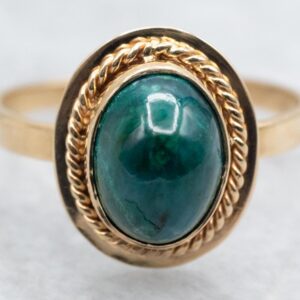 14K Yellow Gold Chrysocolla Ring, Vintage Rope Twist Setting