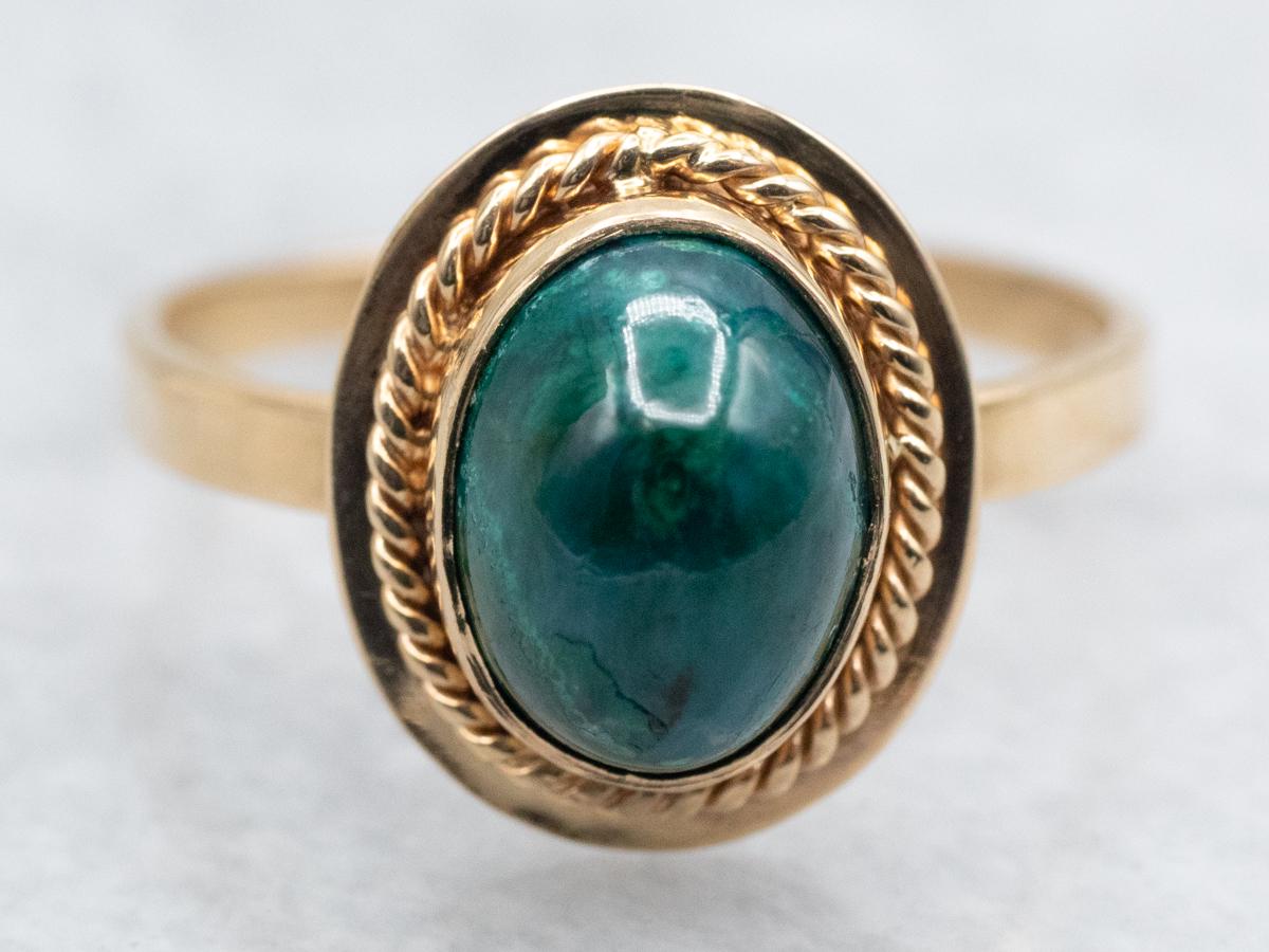 14k Yellow Gold Chrysocolla Ring, Vintage Rope Twist Setting