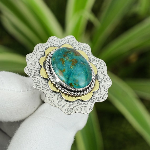 Handmade Chrysocolla Ring: 18k Gold Plated Sterling Silver, Adjustable