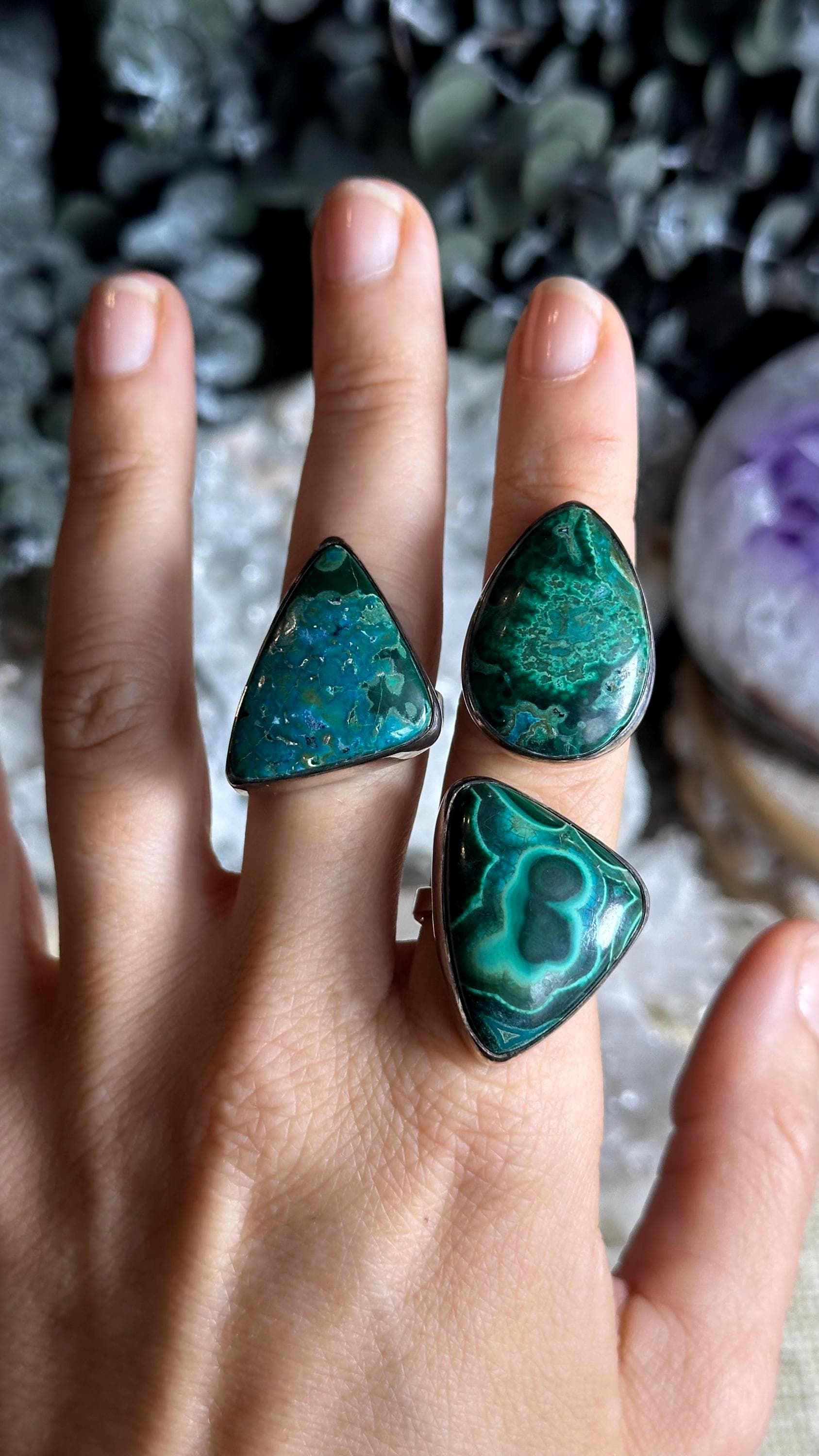 Large Chrysocolla Malachite Adjustable Ring, 925 Sterling Silver