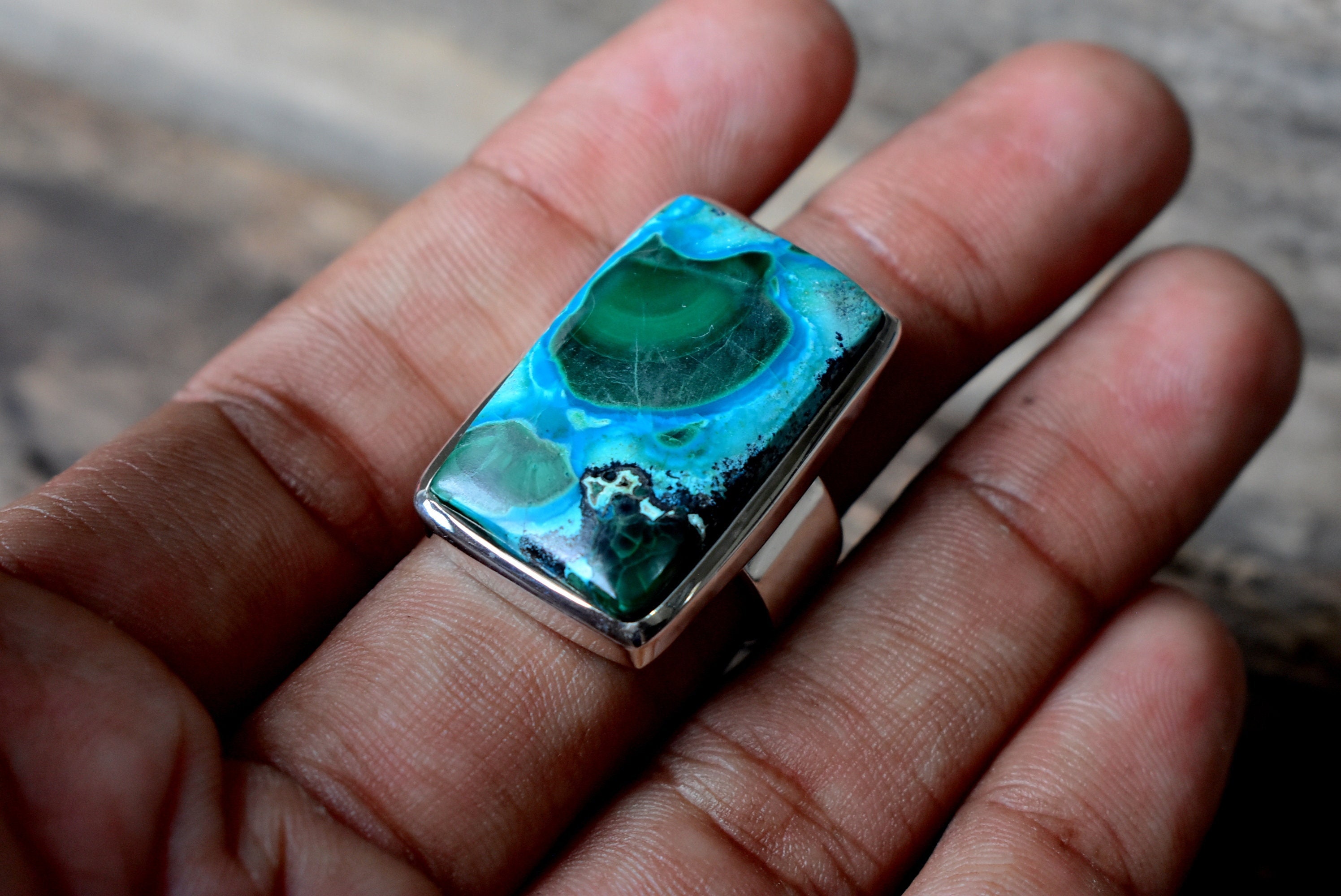 Malachite Chrysocolla Ring: Sterling Silver Statement Jewelry, Size 8.5 Malachite Chrysocolla Ring: Sterling Silver Statement Jewelry, Size 8.5