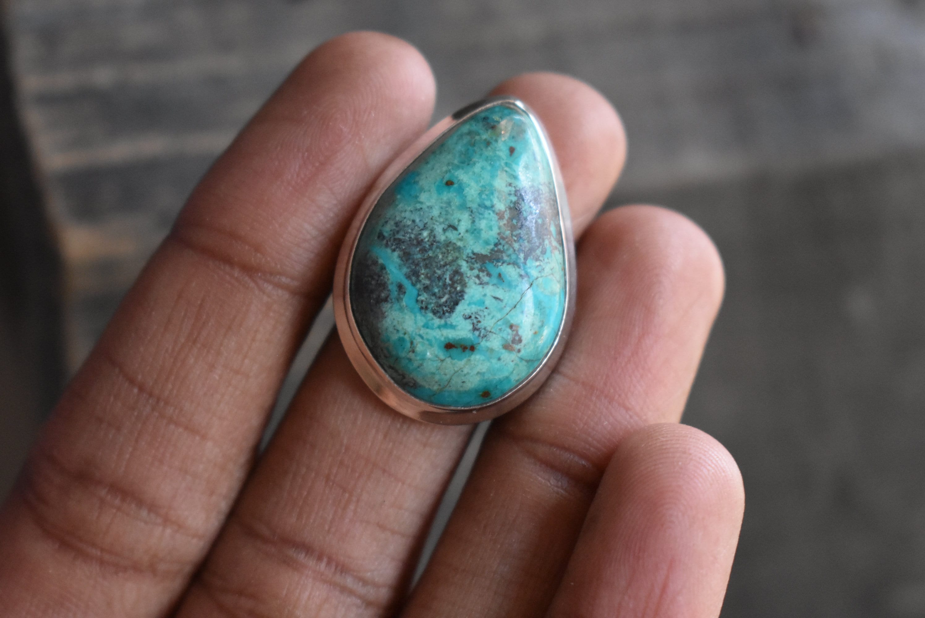 Natural Chrysocolla 925 Silver Ring, Drop Shape Gemstone