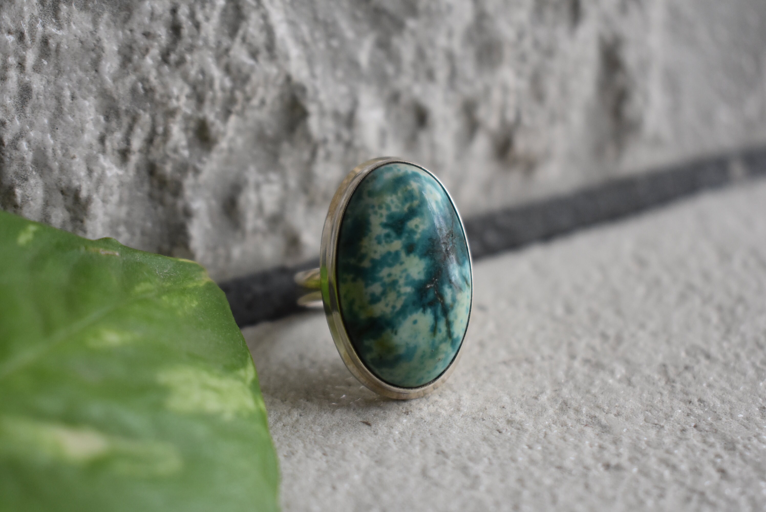 Natural Tibetan Chrysocolla Ring, Oval 925 Silver Ring