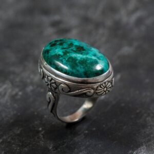 Natural Chrysocolla Ring, Etched Ring, Statement Oval Ring, Large Blue Ring, Bezel Ring, Rustic Ring, Floral Motif Ring, Rare By Adina
