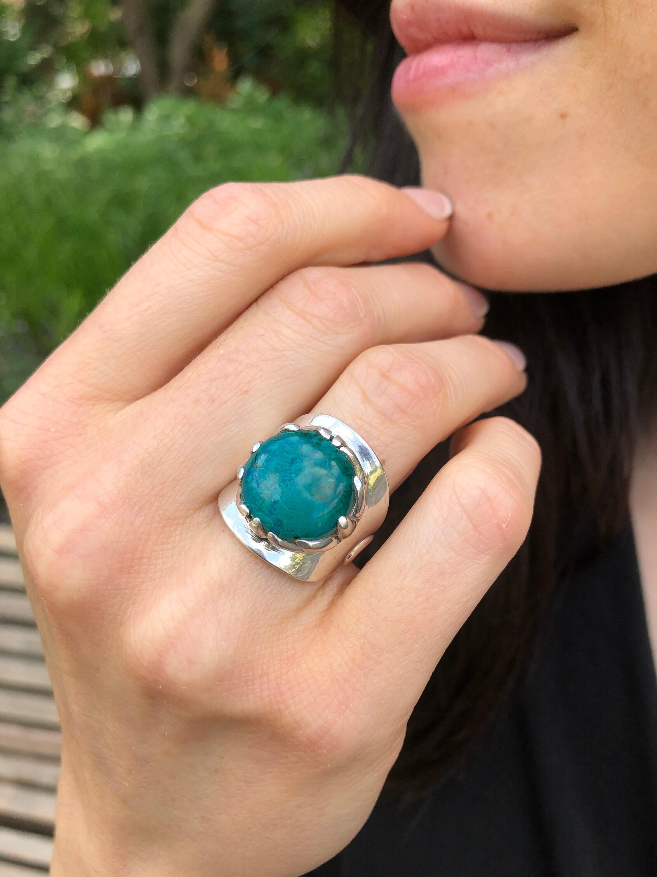 Chrysocolla Ring, Natural Chrysocolla, Sagittarius Birthstone, Round Ring, Statement Ring, Blue Stone Ring, 925 Silver Ring, Chrysocolla Chrysocolla Ring, Natural Chrysocolla, Sagittarius Birthstone, Round Ring, Statement Ring, Blue Stone Ring, 925 Silver Ring, Chrysocolla