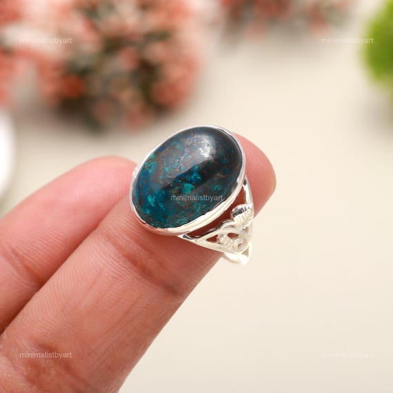 Natural Chrysocolla Ring: Sterling Silver Statement Jewelry