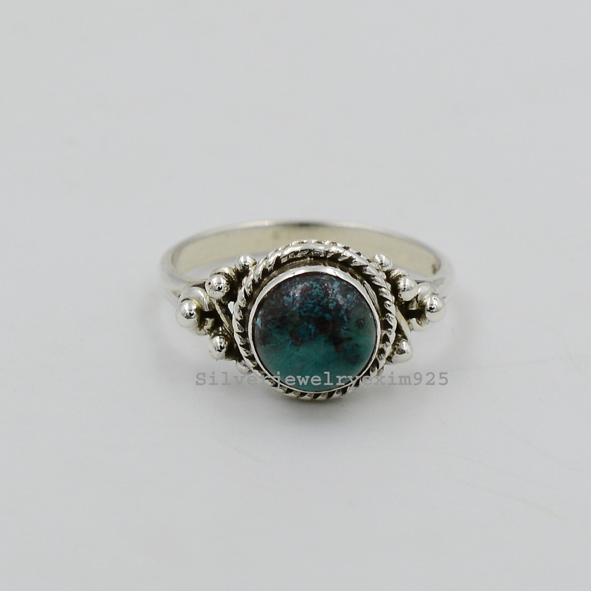 Chrysocolla Ring: Round Gemstone 925 Sterling Silver