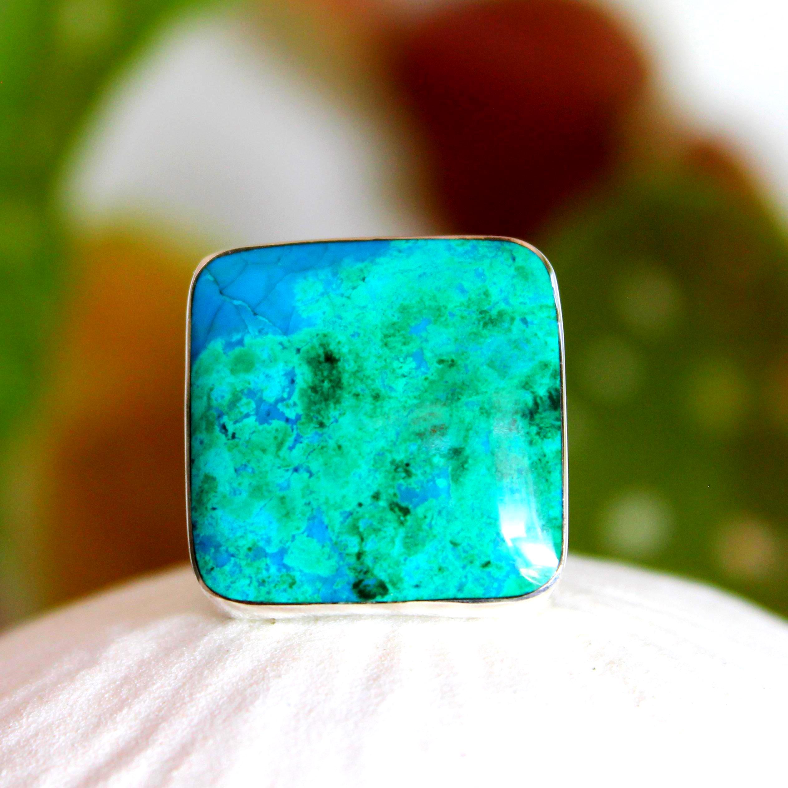 Square Chrysocolla Sterling Silver Ring, Unisex Size 7.5-8