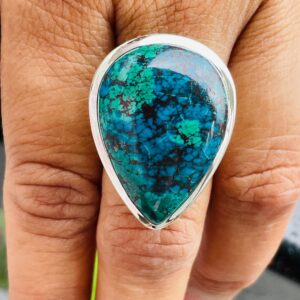 Chrysocolla Sterling Silver Ring: Handmade Pear Gemstone Jewelry