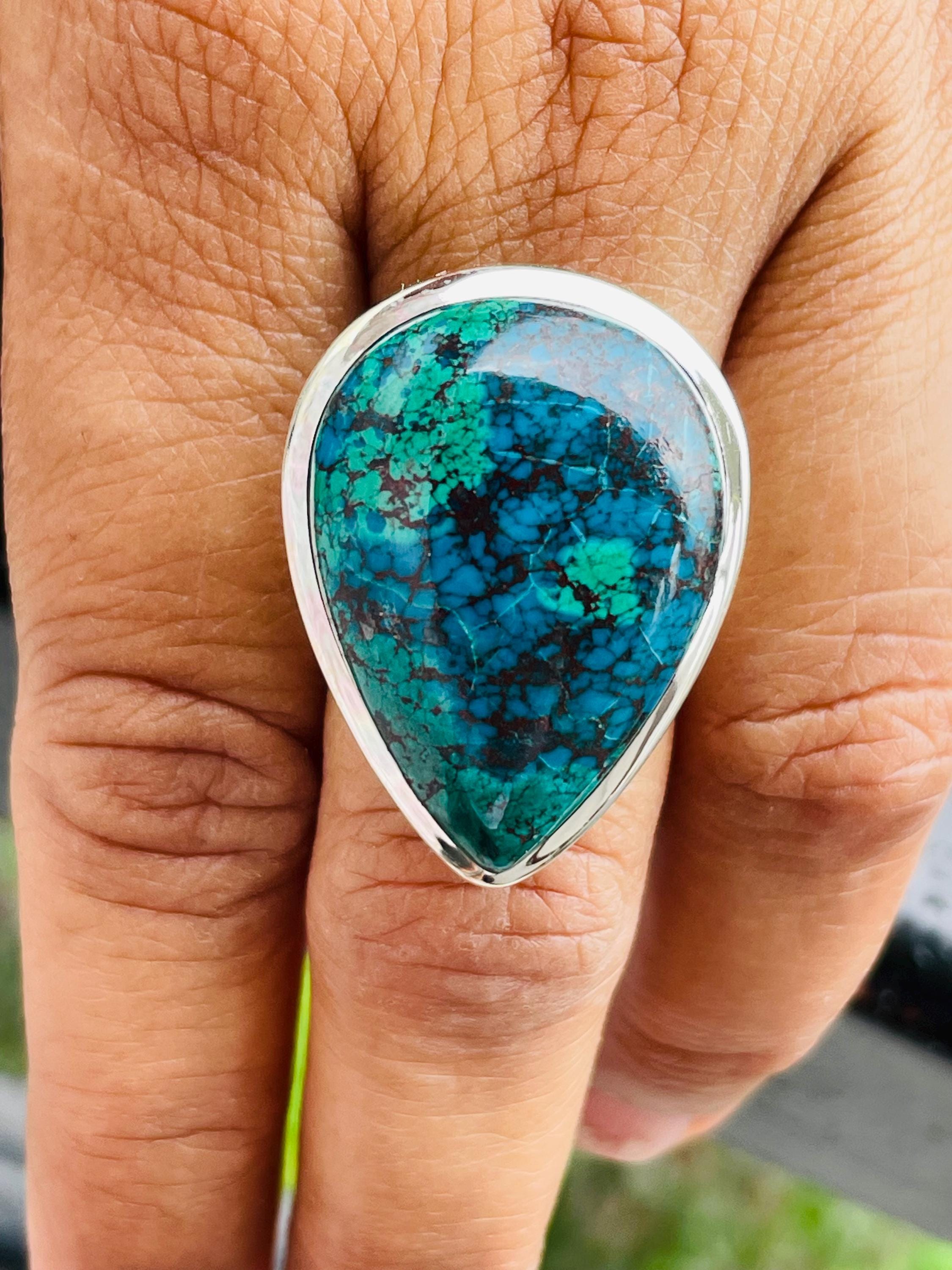 Chrysocolla Sterling Silver Ring: Handmade Pear Gemstone Jewelry