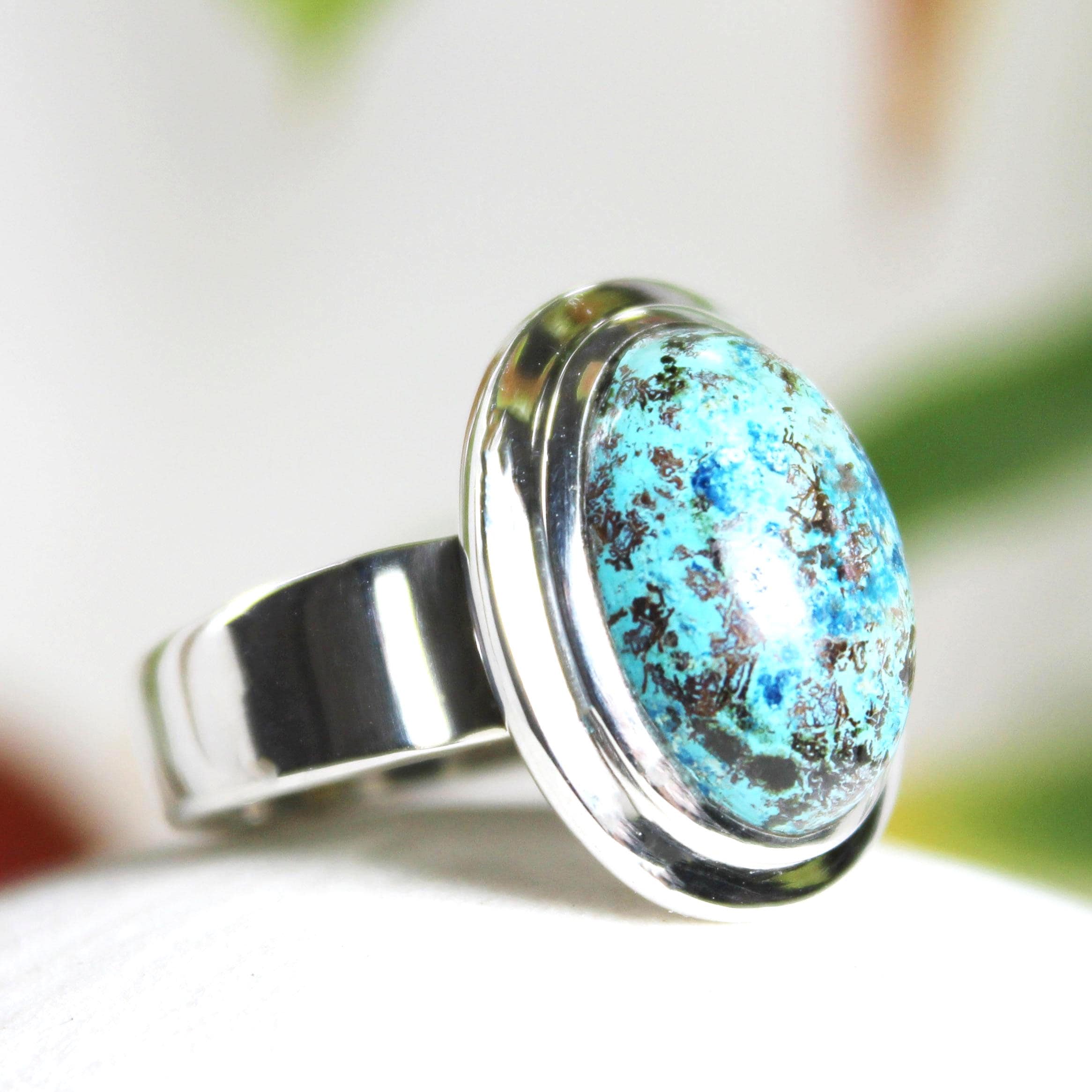Chrysocolla Sterling Silver Ring: Oval Cabochon, Turquoise Blue, Size 9-9.25
